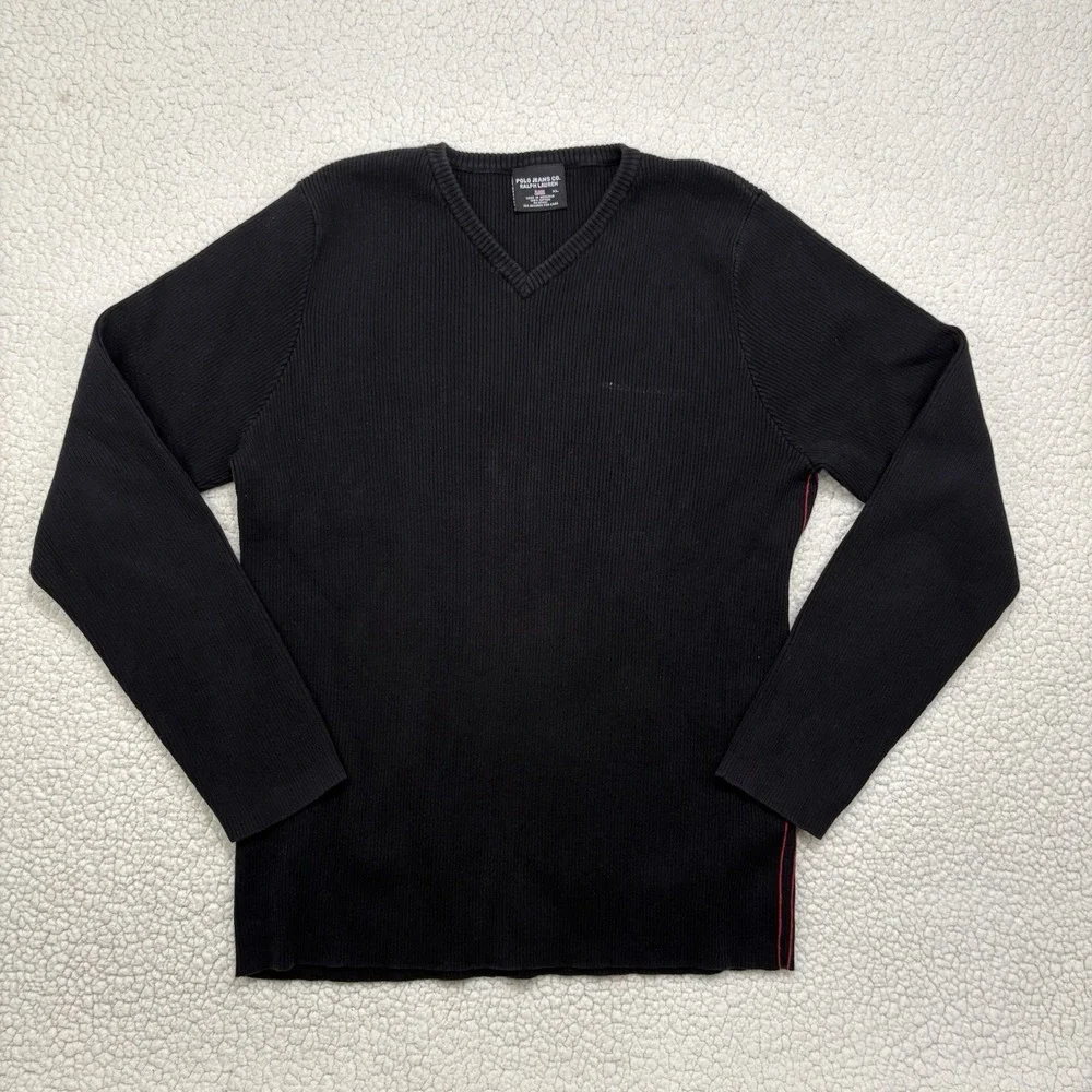 Polo Jeans Co Ralph Lauren Sweater Mens XL Black Cotton V Neck Pullover Rib Knit